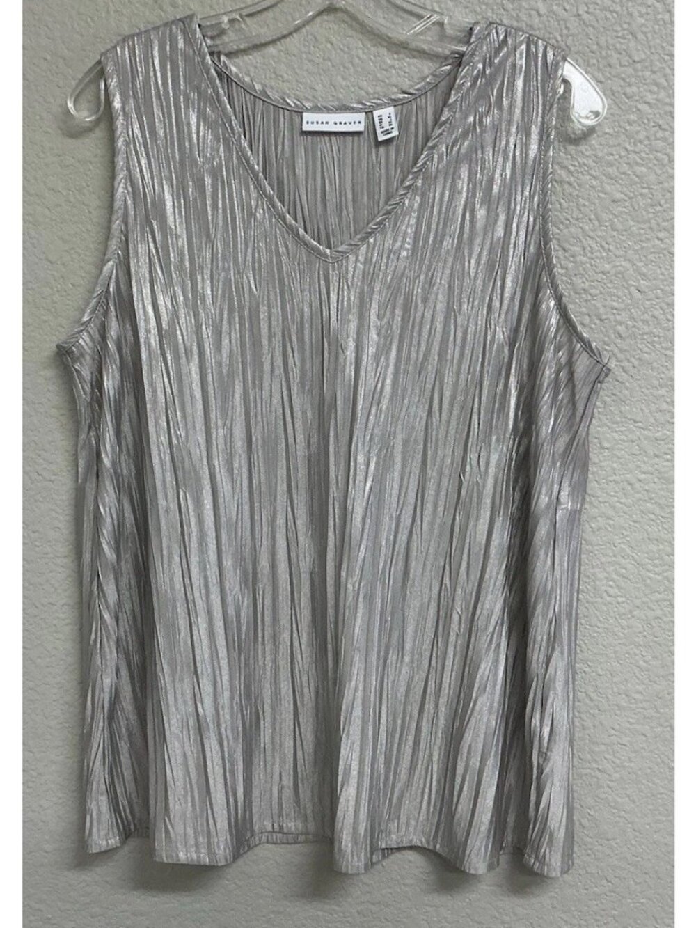 Susan Graver Womens Silver Metallic Crinkle Tank Top Sleeveless V-Neck Large